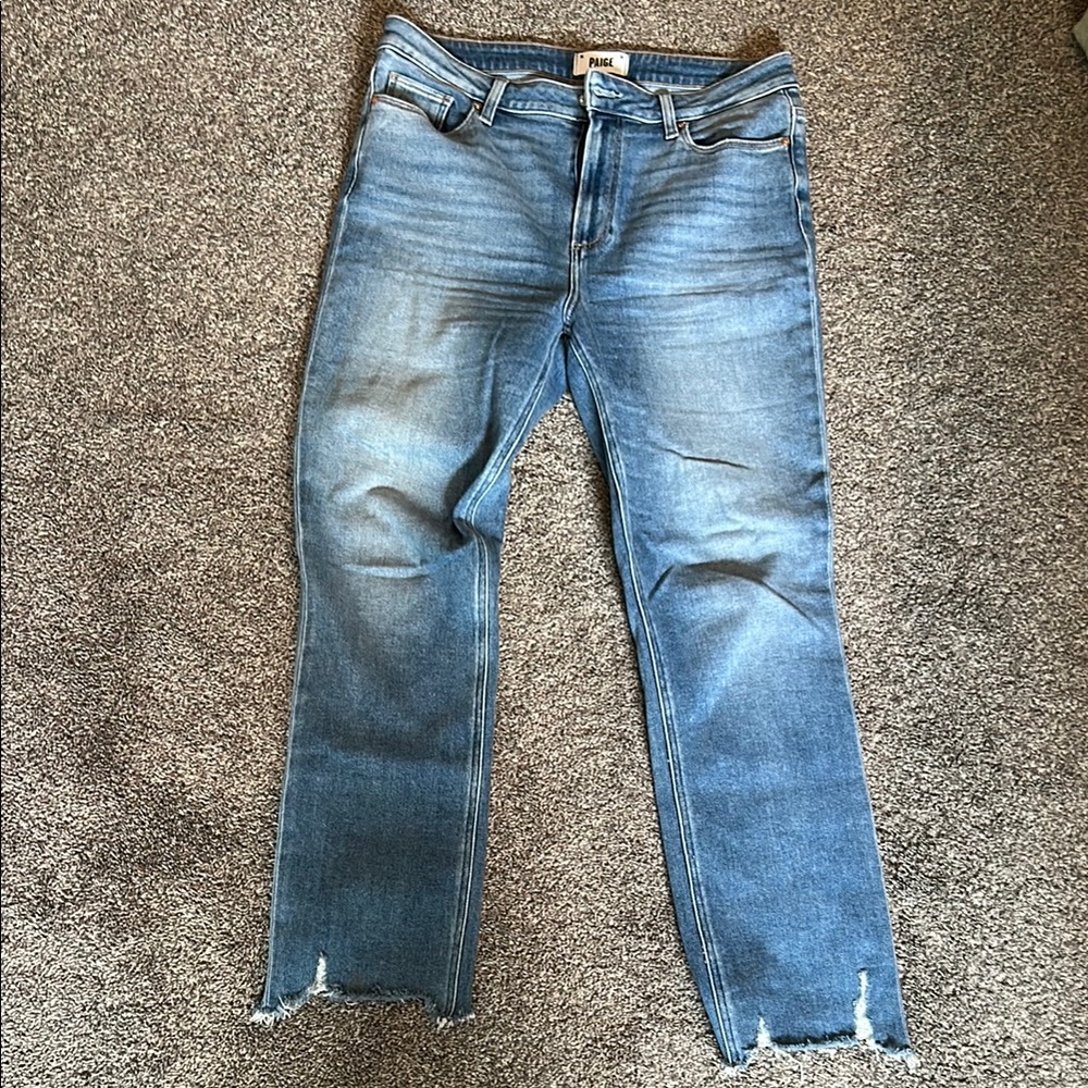 PAIGE Blue Straight Leg Jeans with Distressed Hem